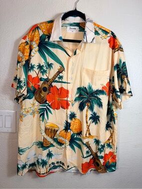 Boozelele Ukulele Pineapple Floral Yellow Mens Hawaiian Aloha Shirt 2XL Beach
